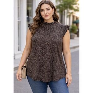 Adrianna Papell Pleated Mock Neck Blouse XL Brown Tan Print Sleeveless Top Shirt